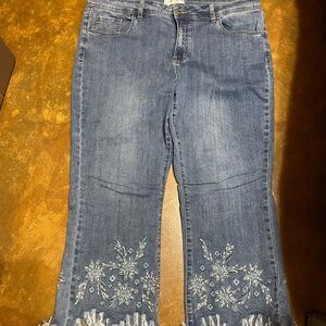 CHARLIE B Denim Flare Jeans with White Floral and Bead Embroidery